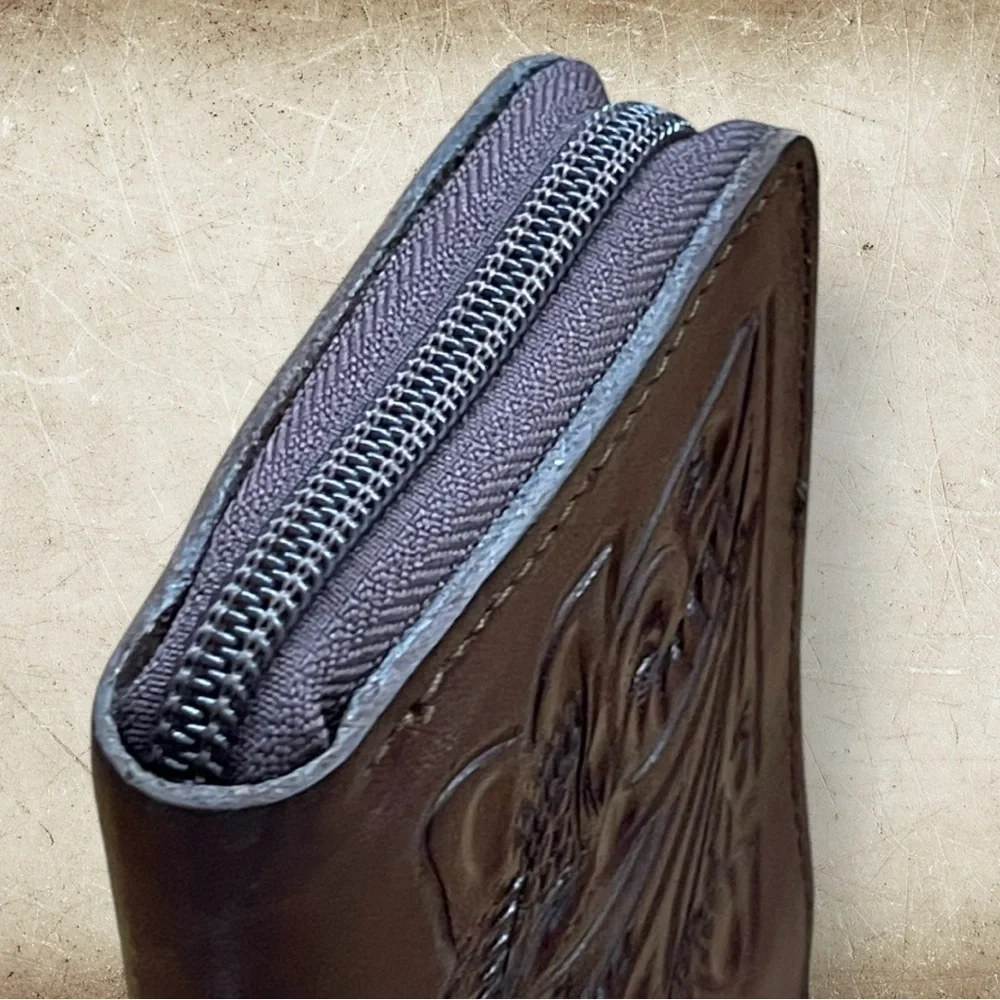 ADAMAlexis NWT Hand Tooled Brown Leather Zip Around Wallet
